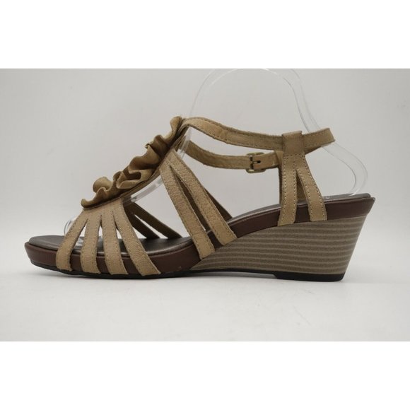 Clarks Bendables Brown Leather Slip On Buckle Wedge Sandals Shoes Women's 8 M - Picture 2 of 10